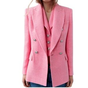 Zara Double Breasted Textured Tweed Style Blazer
